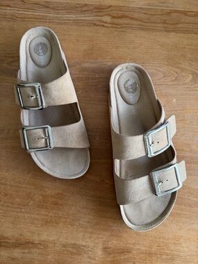 Madden Girl Tan Double-Buckle Slide Sandals